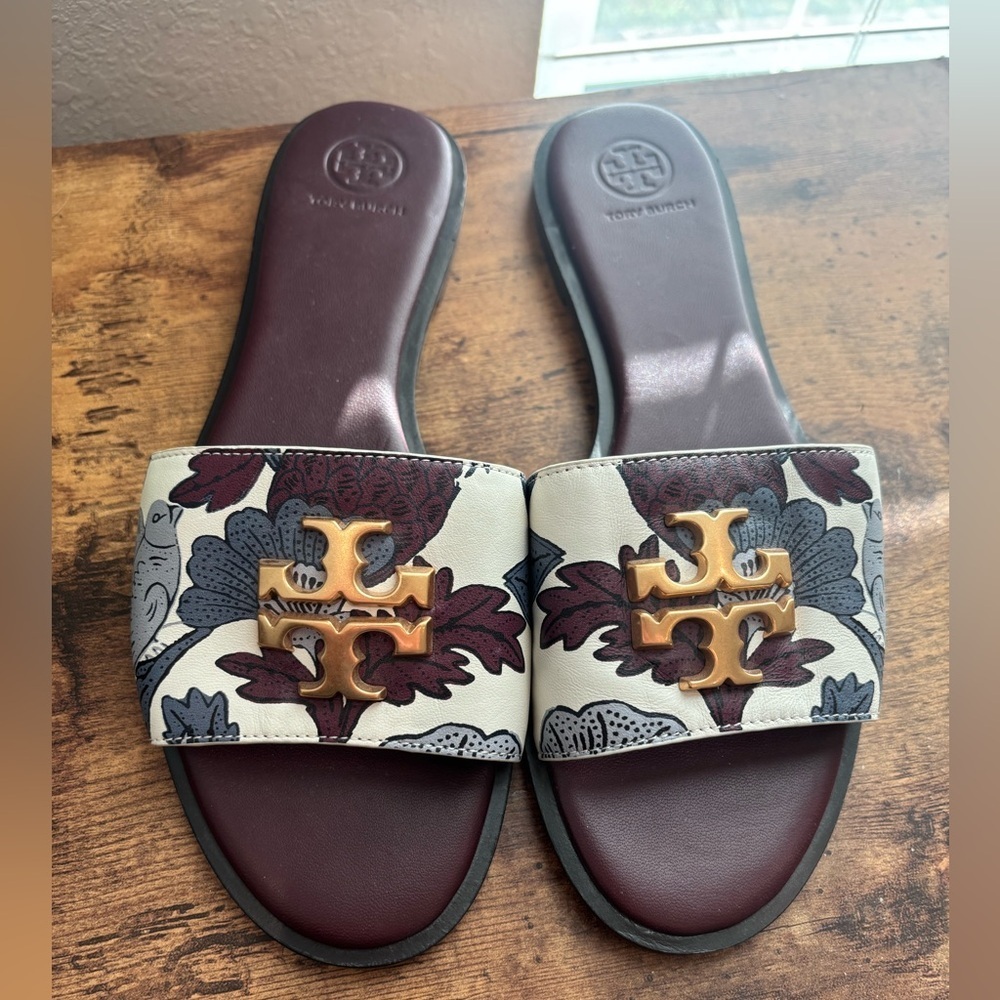 Tory Burch Floral Slide Sandals Size 9 Burgundy Gold Logo Leather Slip On